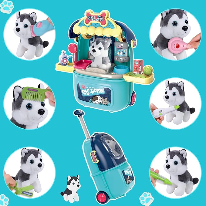 MAGIC4U Pet Cat Care Carrier Suitcase Toy, 29PCS Doctor Vet Kit for Kids, Pet Dog Grooming Feeding Toys, Veterinarian Pretend Play Set, Gifts for Boys and Girls Ages 3-12