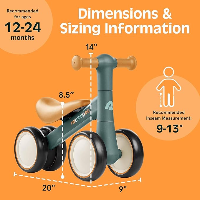 Retrospec Cricket 2 Baby Walker Balance Bike with 4 Wheels - Safe Learning Toy for Ages 12-24 Months - Scratch-Resistant Indoor Outdoor Toddler Riding Toy with Steering Limit & Soft Grips