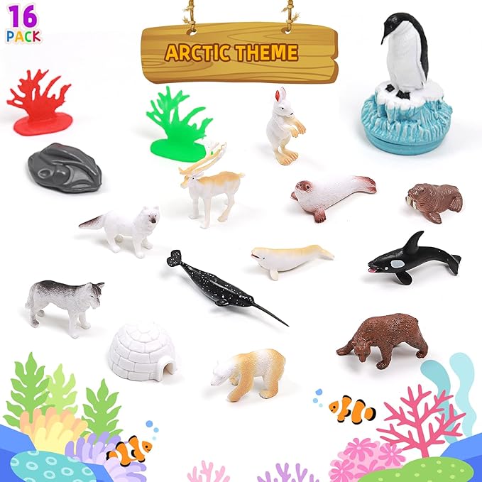 UNIQUE KIDS Mini Arctic Animals Figurine Creatures in Tube 15 pcs Set | Realistic Tiny Little Animals for Sensory Bin, Birthday Party Favor, Toddler 3-5 (Arctic Animals)
