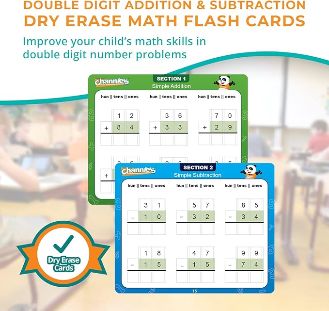 Channie’s Double Digit Addition and Subtraction Flash Cards, 30 Dry Erase Educational Math Flash Cards for Kids, Ideal for 1st to 3rd Grade, Level 2 Color-Coded Cards, 360 Two-Digit Problems