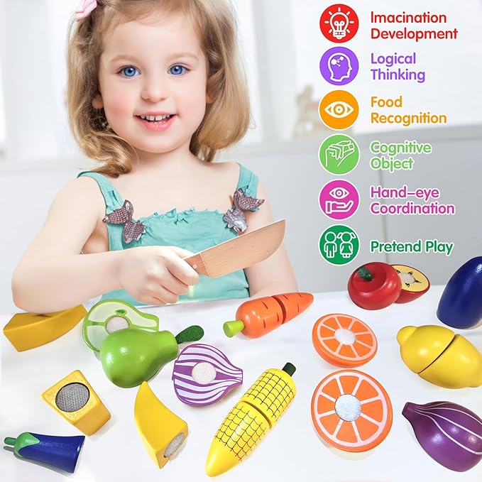 Wooden Play Food for Toddlers, Velcro Fruit and Veggies Cutting Set for Kids, Montessori Learning Toys Food, Pretend Food Play Kitchen Accessories for 3 4 5 6 Years Old Boys & Girls Gift