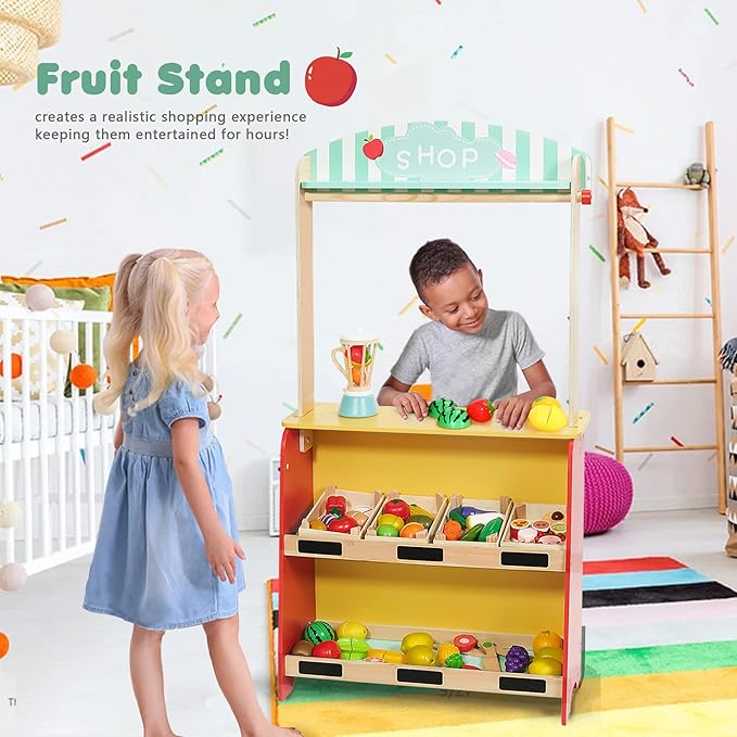 Wooden Puppet Theater Bonus 2 Hand Puppet, Double-Sided Lemonade Stand & Puppet Show Theater for Kids, Wood Deluxe Children Puppet Theatre Toy with Chalkboard