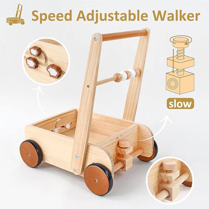 PairPear Wooden Baby Walker Push Toys,Adjustable Speed Nature Wood Push Walkers for Babies Learning to Walk,Toddler Push and Pull Toys Gift for Baby Girls and Boys 1-2