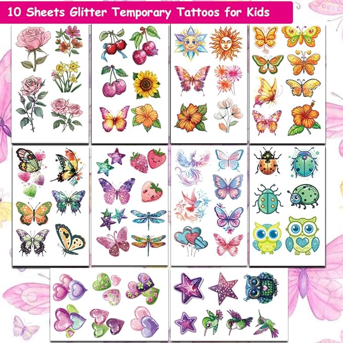 Glitter Temporary Tattoos for Girls 10 Sheets Glitter Flowers Bird Butterfly Heart Temporary Tattoos for Girls Kids Birthday Party Supplies Gifts Decoration