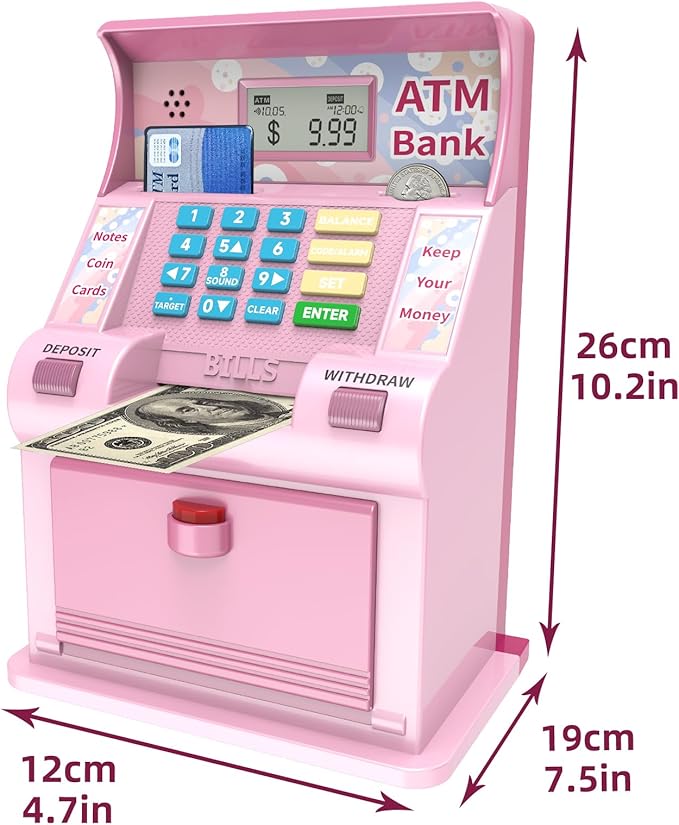 ATM Piggy Bank for Kids，ATM Bank Cash Coin Saving for Real Money with Debit Card，Coin Recognition, Balance Calculator, Electronic Savings Safe Box，Gift for Ages 6-13 Piggy Bank (Pink)