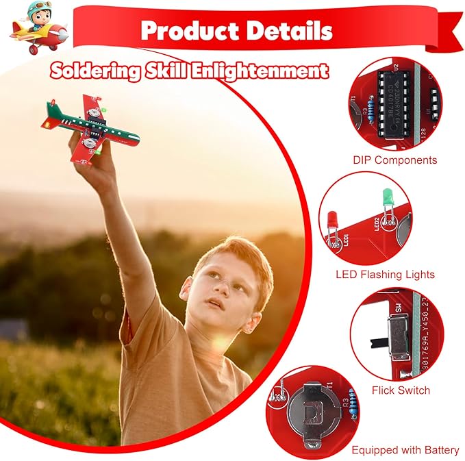 Icstation Learning Soldering DIY Airplane Kit for Beginners, 3 Color LED Flashing Lights Airplane Soldering Project Kit for High School Student Back to School Soldering Practice STEM Education