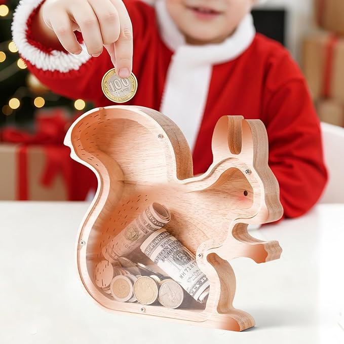 Wooden Squirrel Piggy Banks for Boys, Cute Unbreakable Money Coin Bank Jar, Safe Money Box, Transparent Saving Jar, Birthday Anniversary Baptism Gifts for Boys Toddler Squirrel Lovers