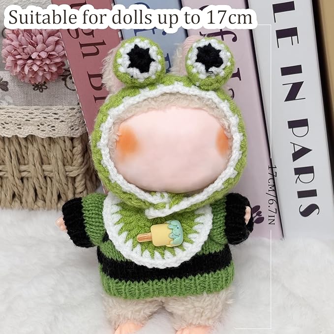 Clothes for Labubu 17cm Labubu Accessories Crochet 3 Piece Set Outfits for Labubu(Frog)
