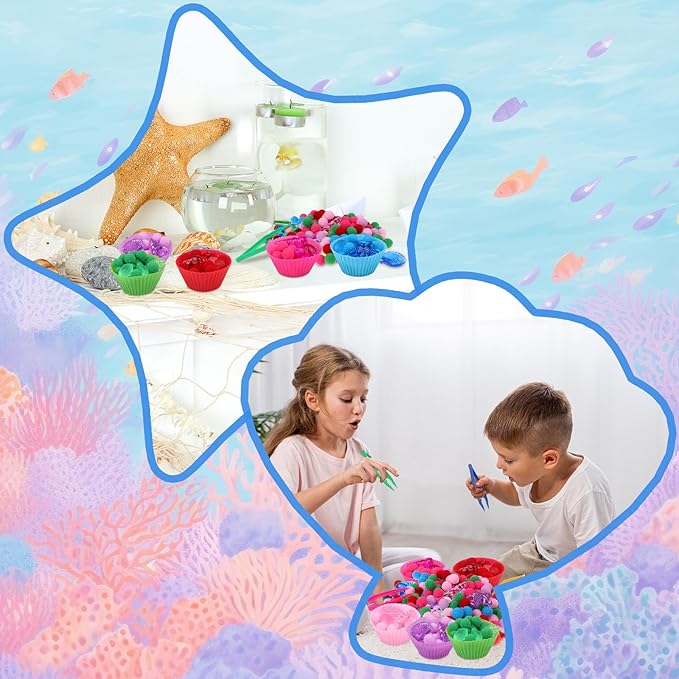 355 Pcs Summer Beach Sensory Bin Filler Fine Motor Toys Counting Sorting 200 Felt Toys 140 Resin Beach Creatures 8 Tweezers 6 Silicone Plates 1 Storage Box for Counting Sorting DIY Crafts(Summer)