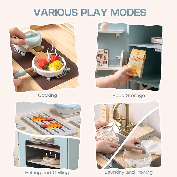 ROBOTIME Wooden Play Kitchen, Toddler Kitchen Playset with Oven, Fridge & Washing Machine, Kids Kitchen Playset Gift for 3+ Year Old Boys & Girls