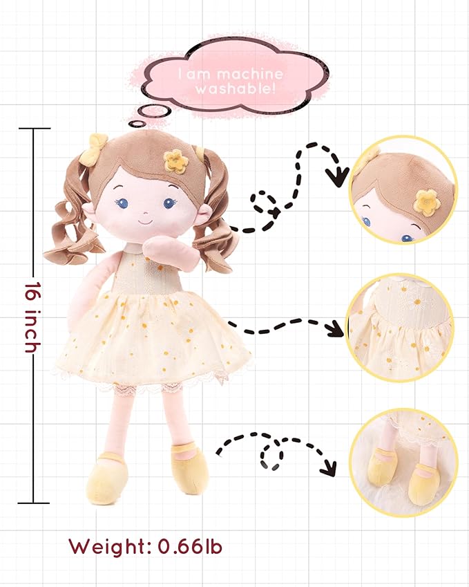LeyaDoll Personalized Soft Baby Doll Toys (16''), My First Baby Rag Doll for 1 Year-Old Girl Birthday Gift, Christmas Plush Toys Gift for Toddler Kids Infants-Daydream Daisy Girl-Yellow
