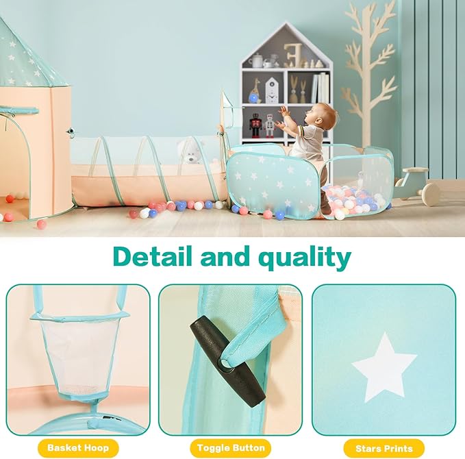 PigPigPen 3pc Kids Play Tent for Girls and Boys with Ball Pit, Crawl Tunnel, Princess Tents for Toddlers, Baby Space World Playhouse Toys, Boys Indoor& Outdoor Play House, Perfect Kid’s Gifts