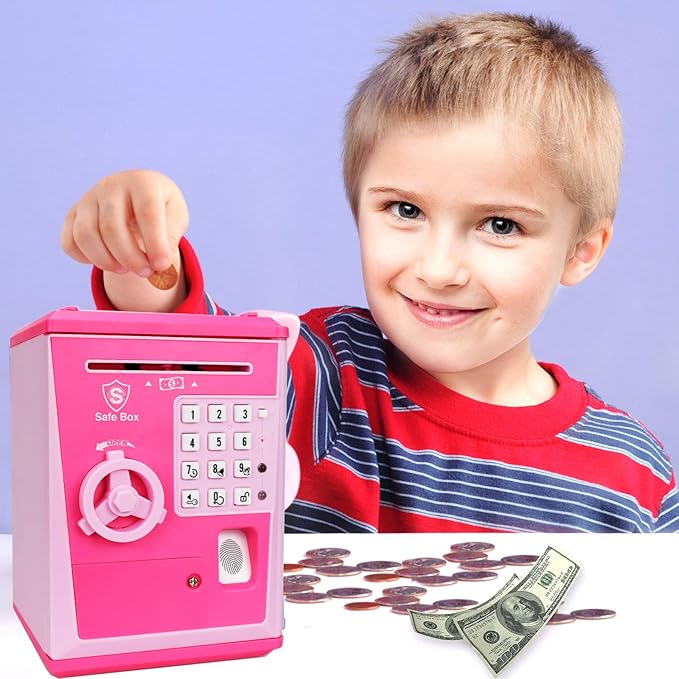 Toy Safe Box, Electronic ATM Piggy Bank, Money Coin Savings Bank, Finger Print Scanner Lock, Great Gift for Children Kids (Pink/Pink)