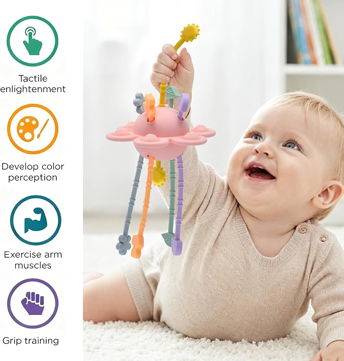 Silicone Baby Sensory Montessori Toys & Pull String Teething Toys for 6-12-18 Months, Toddler Birthday Gift Car Seat Airplane Travel Toy for 1 2 Year Old Boy Girl Infant 8 9 10 Months Old (Pink)