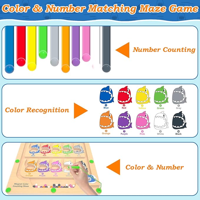 Magnetic Color & Number Maze, Montessori Counting Matching Toys, Wooden Magnet Maze Board Game, Montessori Fine Motor Skills Toys for 3 4 5 Years Old Preschool Learning Activities