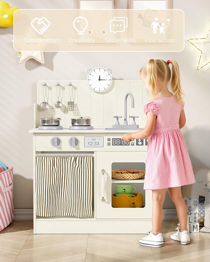 MAMIZO Kids Kitchen Playset with Ample Storage, Interactive Play Kitchen with Simulated Gas Cooker, Clicking Knobs, Sink, Faucet, 6 Pcs Cookware, Educational Clock for Toddlers (Cream)