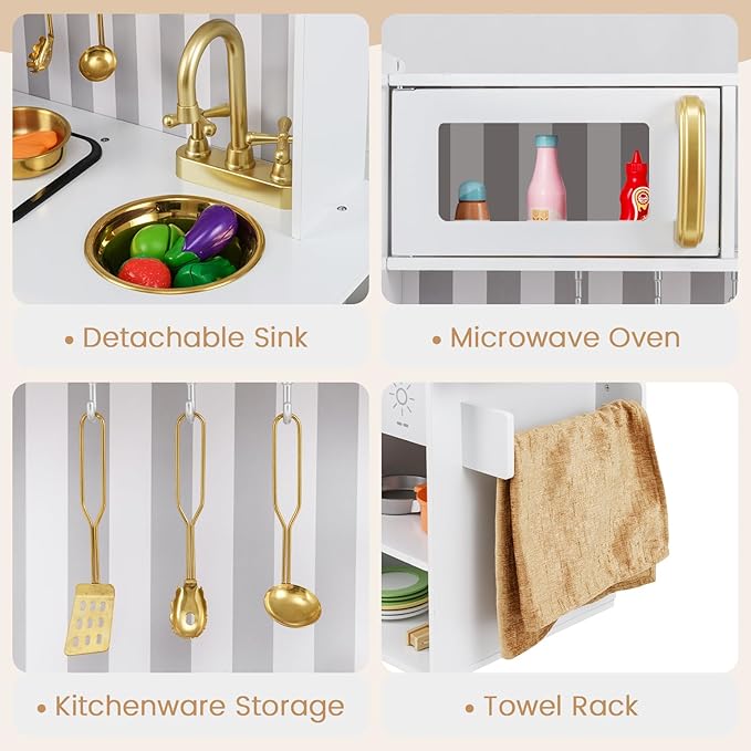 INFANS Kid Kitchen Playset, Toddler Wooden Pretend Cooking Set with Realistic Light & Sound, Stove, Sink, Microwave, Storage Cabinet, Play Kitchen Toy Set for Children Boys Girls (Gold)