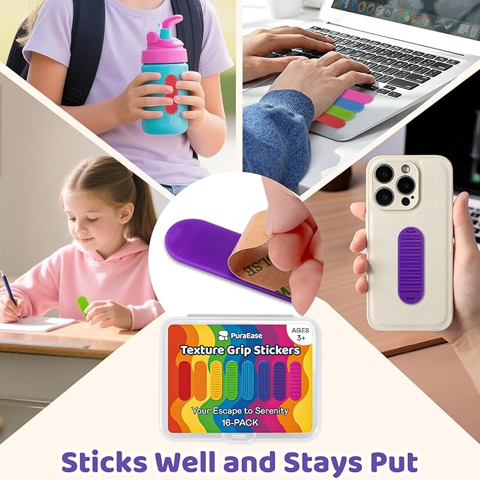 Textured Sensory Stickers for Kids – 16PC Silicone Adhesive Calm Strips for Anxiety Relief, Autism, ADHD – Quiet Fidget Toys & Desk Sensory Strips for Classroom Prizes
