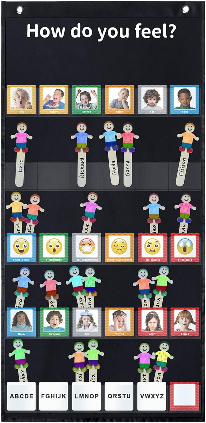 Boczif Emotions Feelings Pocket for Classroom Chart with 24 Cards for Preschool Teacher, Daycare Decor, Social Emotional Learning Activities, Calm Down Corner Supplies (Black)