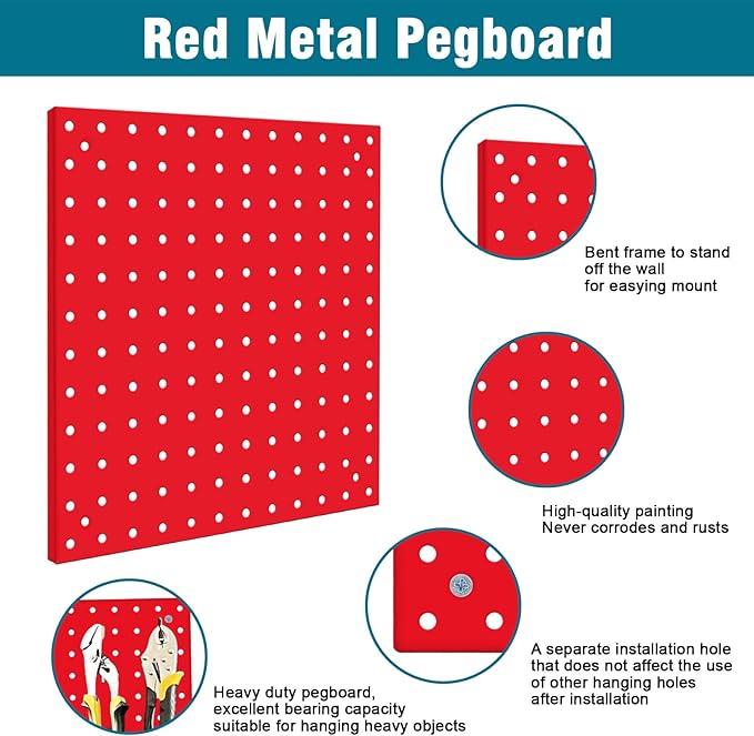4 Pack Steel Peg Board,Universal 1/8 and 1/4 Pegboard Accessories,Ideal for Garage Tool Storage, Office Organization, Craft Room, Kitchen etc. (Red, 4-12X12)