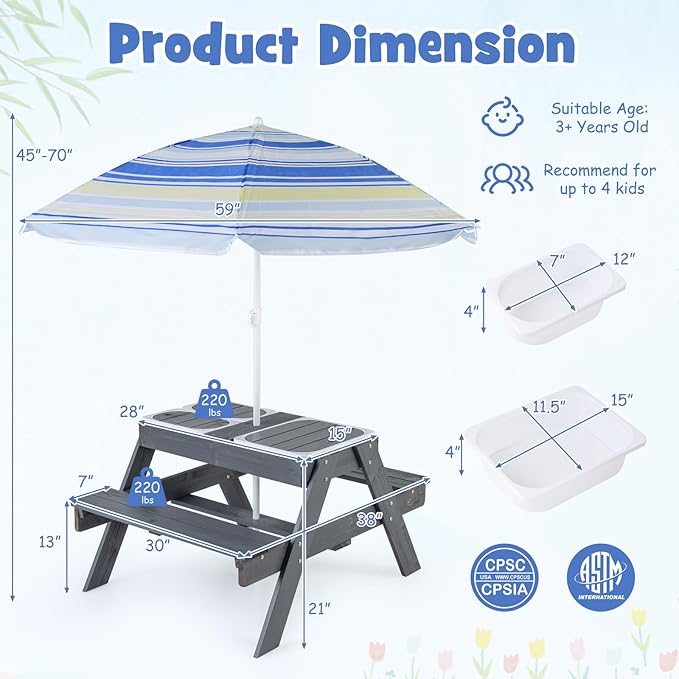 HONEY JOY Kids Picnic Table, 4 in 1 Cedar Wooden Sand & Water Table w/ 3 Removable Box & Umbrella, Kids Picnic Tables for Outdoors Backyard Garden, Toddler Patio Furniture Set for Boys Girls(Gray)