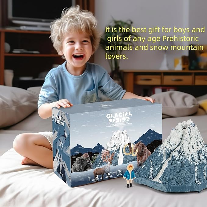 Prehistoric Animal Toys for Kids 3-5, Safari Animals Figurines and Snowy Volcano Toy Set with /Realistic Mammoth, Lion and Gorilla. Educational Gift 4-9.Gift for Toddlers Boys & Girls