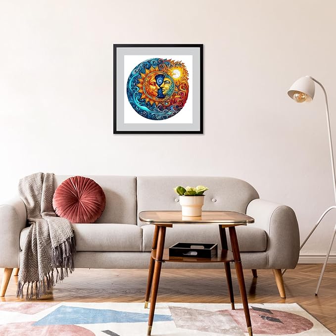 Wooden Jigsaw Puzzle 500 Pieces for Adults - Circular Celestial Sun & Moon Art Puzzle with Intricate Swirl Patterns, Challenging Family Leisure Game, Unique Home Decor & Gift Idea