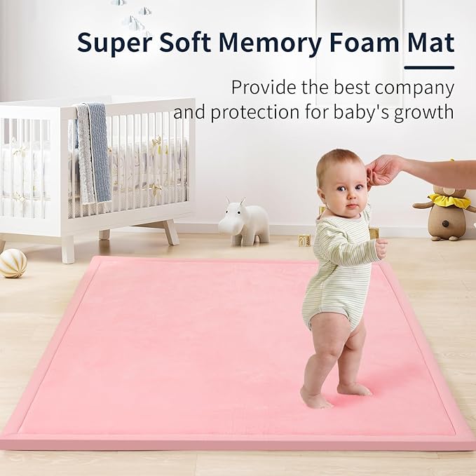 ACOMOPACK Baby Play Mat for Floor 1.3" Thick Memory Foam Play Mat 59"×71" Tummy Time Crawling with Non-Slip Bottom for Living Room,Nursery,Soft Velvet Playpen Mats for Kids,Infants（Pink）