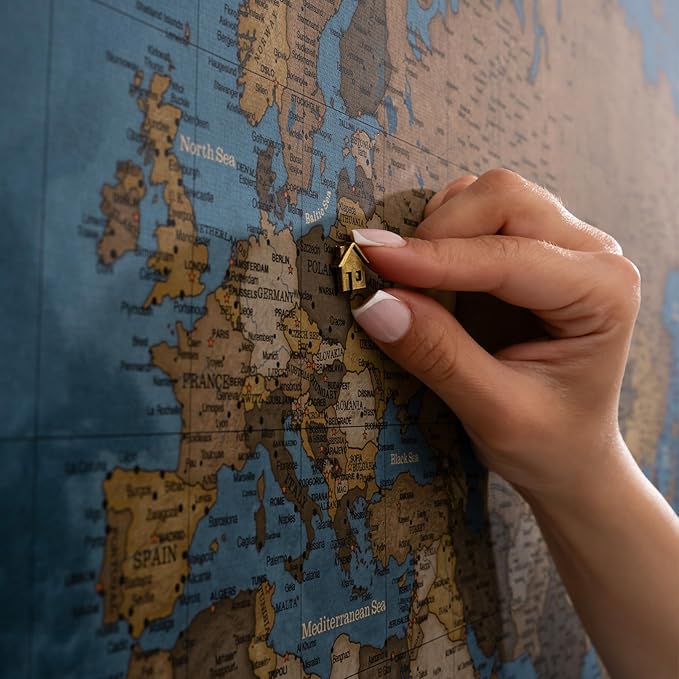 Canvas World Map with Cork Pin Board - English Lettering - Decorative Wall Decoration for All Rooms - Canvas Pictures with World Map Motif (120x80 cm, Pattern 13)