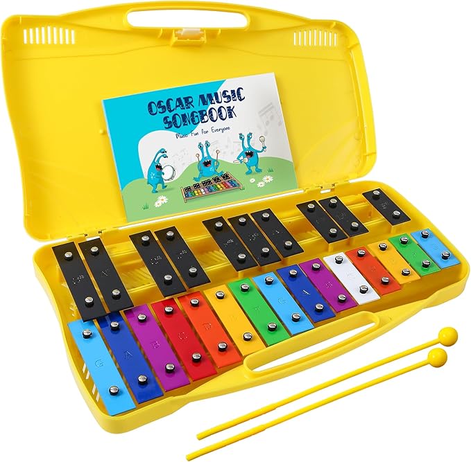 MINIARTIS Glockenspiel Xylophone | 25 Note Colorful Metal Keys Xylophone for Kids | Percussion Musical Instrument | Educational Music Toy Includes Music Songbook, Mallets and Yellow Carry Case