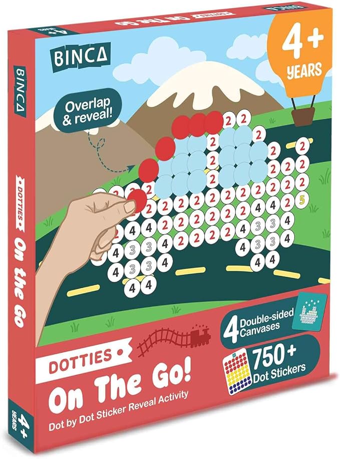 BINCA Dotties Dot Art Activity Kit - On the Go, 750+ Stickers, Vehicles Mess-Free Activities, DIY Dot Sticker Art for Toddlers, Kids Travel Activities, Craft Kits & Gifts for Boys & Girls Ages 4,5,6,7