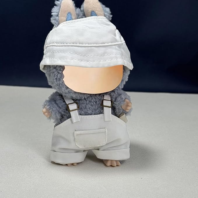 17cm Doll Clothes Set(No Doll), Hat & Overalls Set for 17cm Labubu Suit, Cute Cloth for Dress up Unique Style Dolls Outfit Stylish Clothes for Labubu (White)