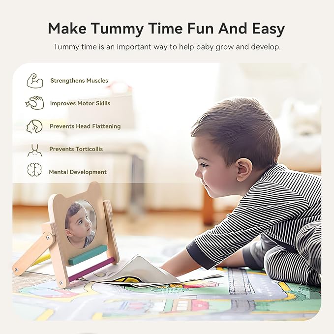 Rotating Baby Safe Mirror with 120 Pages Visual Stimulation Cards - Wooden Tummy Time Mirror Toys - Black White Red and Color High Contrast Baby Flashcards for Brain and Cognitive Development