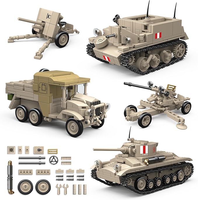 5 in 1WW2 Army Tank Toys Building Set Compatible with Lego British Military Vehicles(1260 Pcs),Create UK Ordnance QF 2-Pounder&Morris CDSW 6X4,Valentine.I Transport Vehicles Military Toy Gift for Boy
