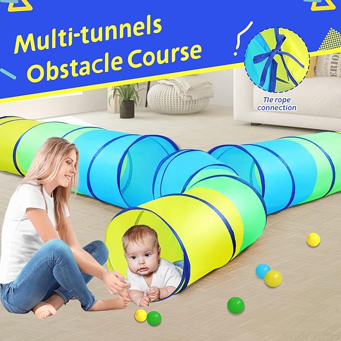 PigPigPen Kids Tunnel for Toddlers,Pop Up Play Tunnel Tent for Babies or Dogs, Indoor & Outdoor Toys for Kids Backyard Playset (Yellow,Green,Blue Play Tent)
