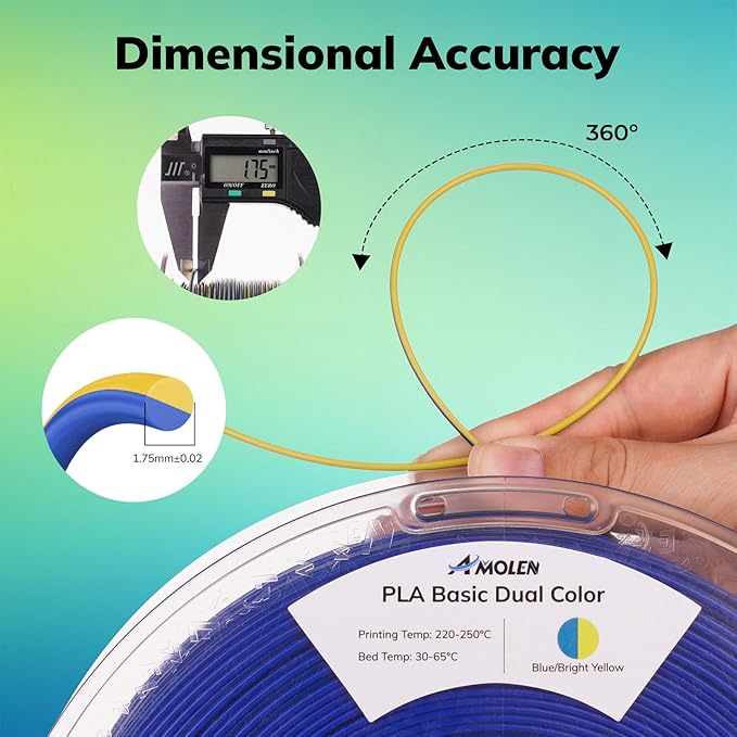 AMOLEN PLA Filament 1.75mm Dual Color Blue & Bright Yellow, True High Speed 600mm/s 3D Printer Filament, Dimensional Accuracy +/- 0.02mm, 1KG Spool(2.2lbs) Fits for Most FDM 3D Printers