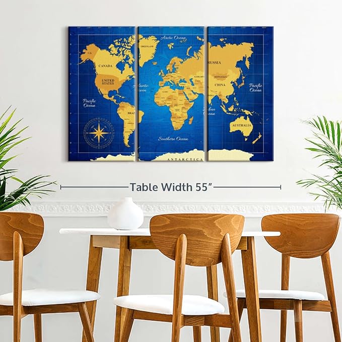 ElephantStock Yellow Longitude World Map Multi Piece Canvas - 3 Panel Wall Decor - Map of the World Art - Canvas for the Office and Home - 50" X 32"