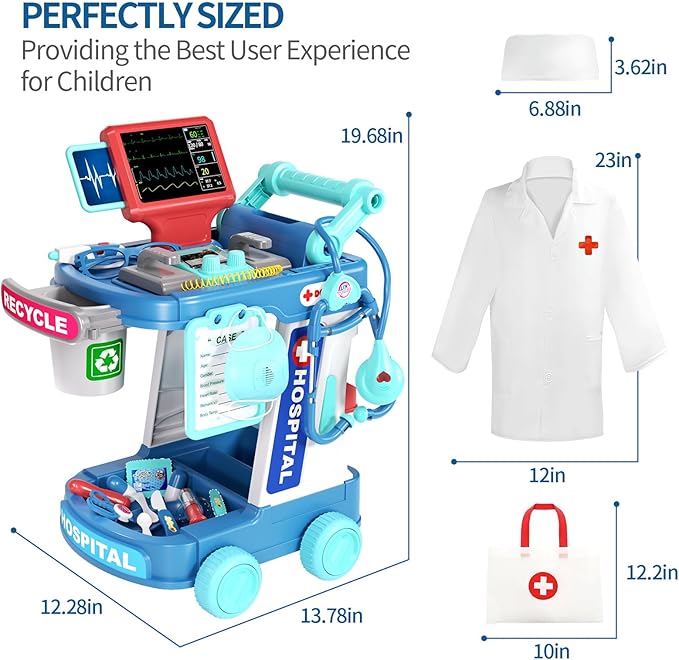 Doctor Kit for Kids, Pretend Doctor Playset for Toddlers with Cart, Costume and Stethoscope, Role Play Medical Toy for Girls Boys Toddlers 3-8 Birthday Gifts