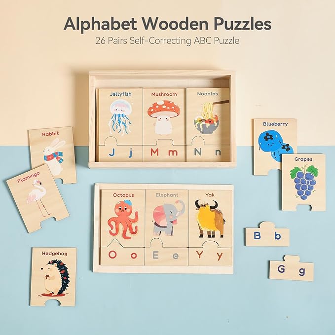 Alphabet Wooden Puzzles with Storage Box - 26 Pairs Self-Correcting ABC Puzzle - Uppercase & Lowercase Alphabet Learning Toys Matching Game - Preschool Educational Toys - Educational Gift 3+