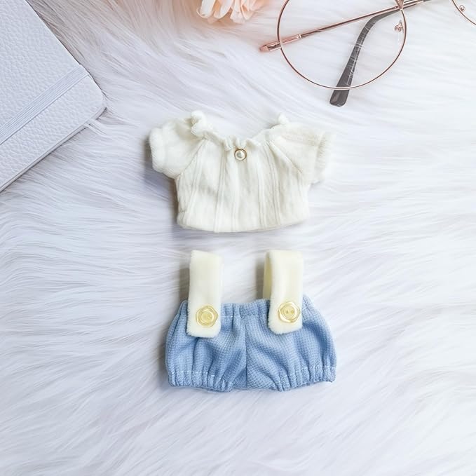 Clothes for Dolls Accessories (No Doll), Cute Outfit Set 3 Pieces Bib Pants Suitable for 15 & 17cm Doll Suit, Stylish Dress Up Overalls Doll Clothing Set Replacement with Hat Clothes Blue