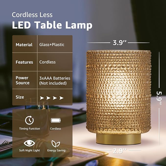 Dolita Battery Operated Glass Lamp, 2-Pack Small Table Lamps with Timer, Bedside Lights for Home Decor Living Room, Office, Bedroom