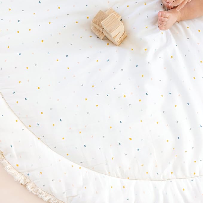 MakeMake Organics Organic Play Mat GOTS Certified Organic Cotton Nursery Floor Machine Washable Reversible Non Toxic Activity Mat Tummy Time Crawling Pad Thick Quilted (Round 48", Dotty + Solid Ivory)