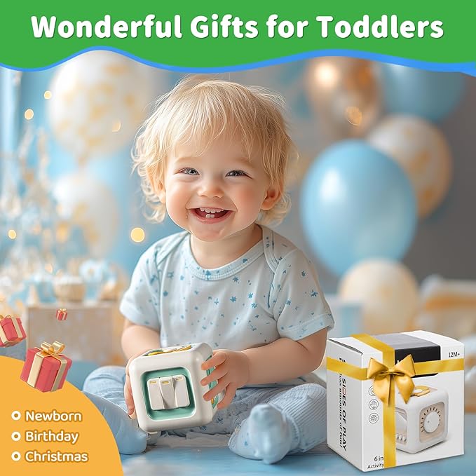 Activity Cube Montessori Toys for 1 Year Old, Sensory Toys Busy Board for Babies 6-12 Months, Car Travel Airplane Toys for Toddlers 1-3, Birthday Gift for 1 Year Old Boys Girls, Green