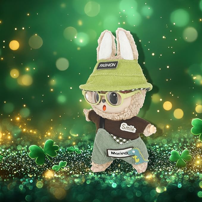 17cm Clothes Set (NO Doll) 4PC Set Hat Glasses Overalls for 17cm Accessories Suit, Doll Clothing for Trendy Blind Box，Cute Clothes for LBB Doll Dress up Unique Style,Free Combination (Green)