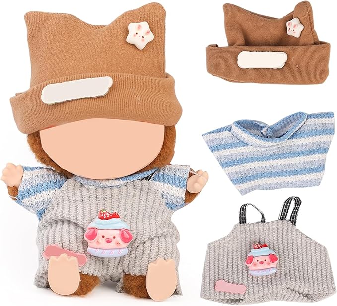 Doll Clothes for Labubu(NO Doll), for 17/15cm Plush Dolls, Clothing Suit Toy Figurine Outfit Set Dress Up with Kawaii Style Accessories, Multicolour Overall and Cute Hat or Headwear (LB227)