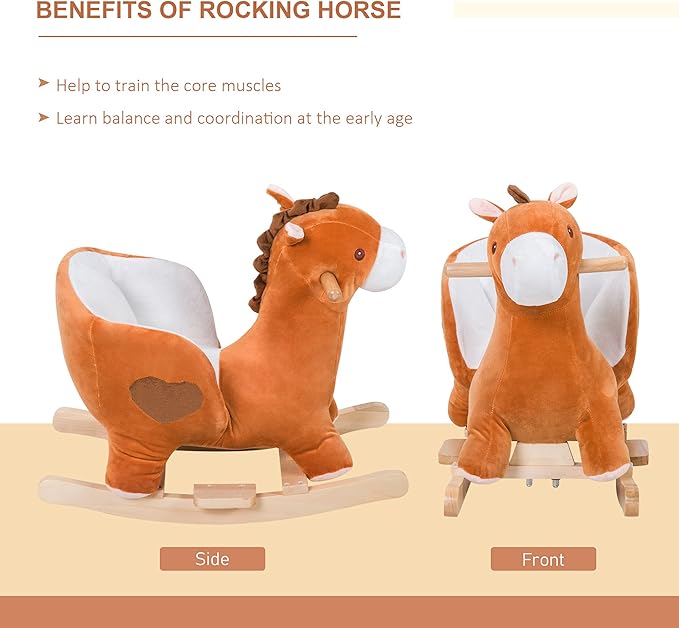 Qaba Kids Ride On Rocking Horse, Plush Animal Toy Sturdy Wooden Rocker with Songs for Boys or Girls