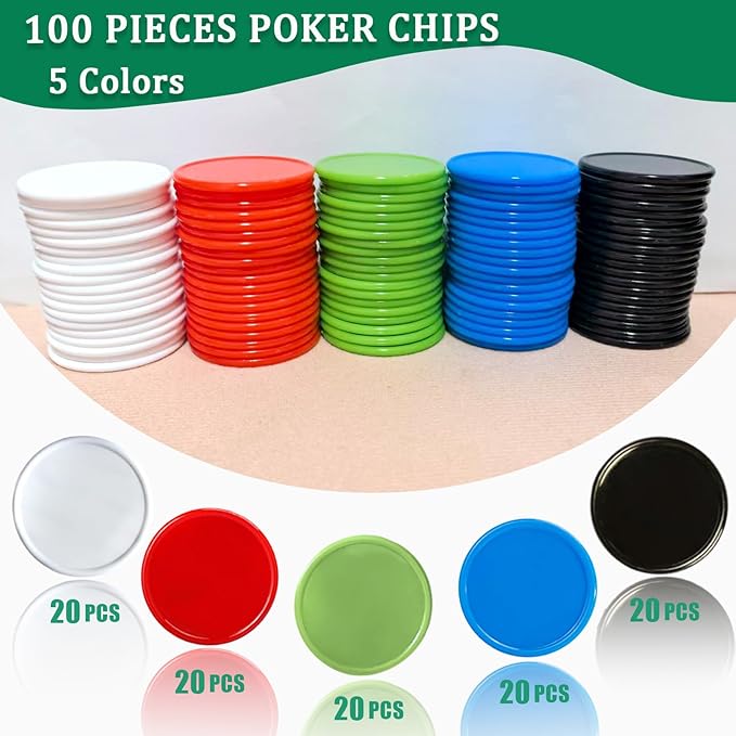100 PCS Plastic Poker Chips Set, 1.45 Inch Colored Bingo Game Chips, Casino Chip for Game Tokens, Math Learning Counters for Ki ds Classroom, Blackjack, Party or Family Poker Card Games, Texas Hold'em