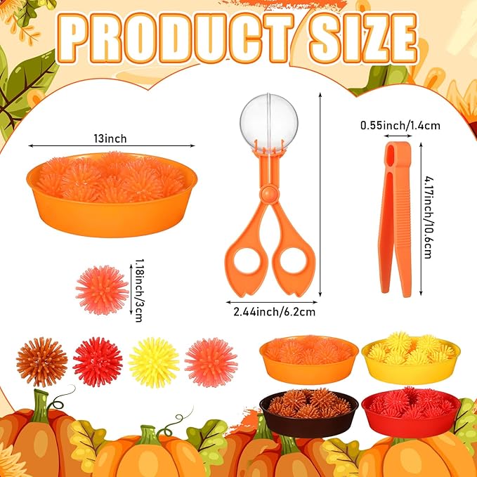 Leitee 71 Pcs Sensory Bin Filler Include 60 Hedge Balls 4 Tweezers 2 Scissors Clips 5 Cups Fine Motor Skills Toys Set for Boys Girls Early Education and Counting Sorting Training(Orange,Autumn)