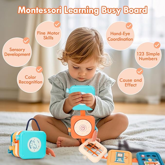 Busy Board for 1 Year Old, Montessori Toys for 1 2 Year Old Boy Girl Birthday Gifts, 8 in1 Travel Sensory Toys for Toddlers 1-3 Fine Motor Learning Baby Toy 12-18 Months, Toddler Stocking Stuffers