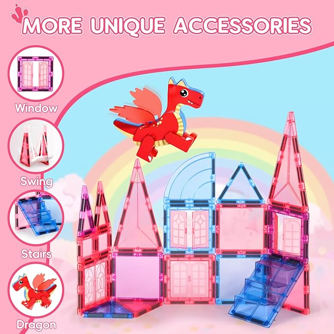 Magnetic Tiles for Kids Ages 4-8 with Dragon, 36-Piece Princess Castle Magnet Tiles for Girls, Movable Dragon Toys for 3+, Creative Magnetic Construction Building Set for Classroom, Xmas Birthday Gift